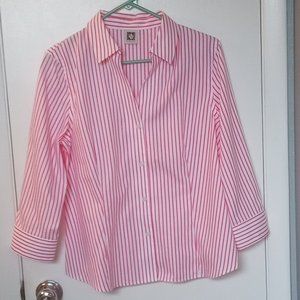 ANNE KLEIN WOMEN'S PINK AND WHITE STRIPED LONG SLEEVED MEDIUM BLOUSE